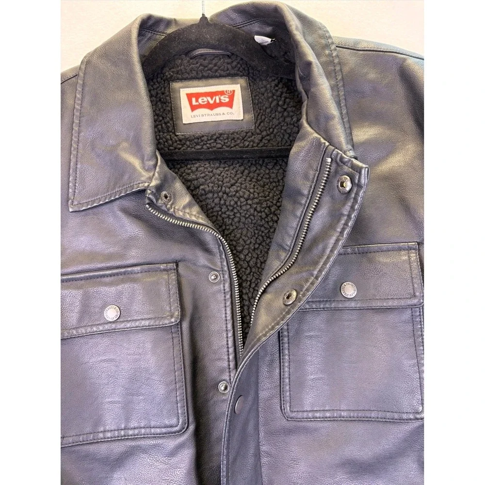 Levis Mens Faux Leather Sherpa Lined Trucker Jacket Black L Biker Streetwear